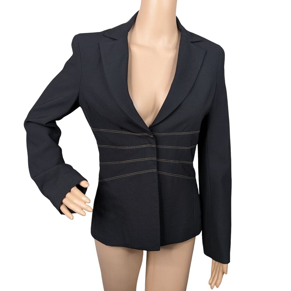 Vintage Y2K BCBGMaxAzria Wool Blend Contrast Stitch Blazer Jacket Size XS Black